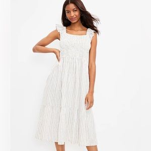 LOFT Clip Stripe Smocked Ruffle Midi Dress